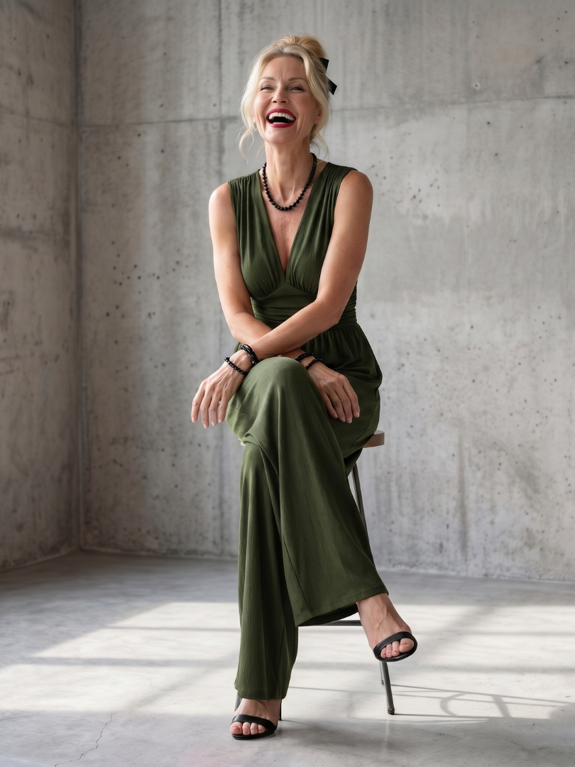 Vincenza | Wide Leg Jumpsuit with Deep V Waist Detail
