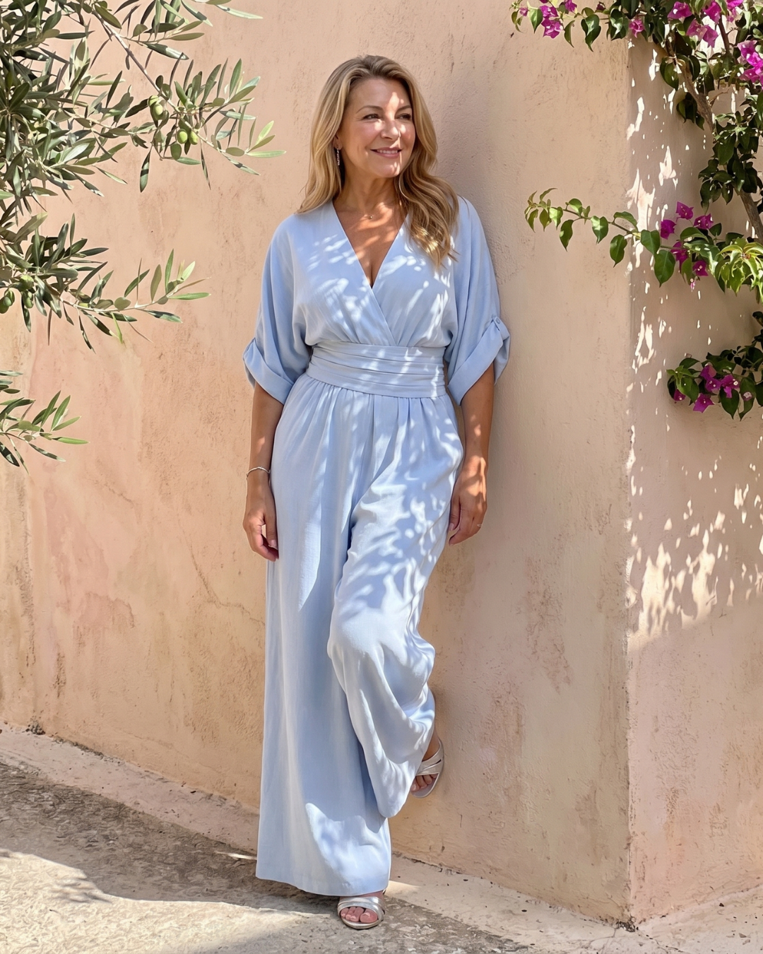 Emene | Relaxed Wide Leg Jumpsuit with Draped V-Neck