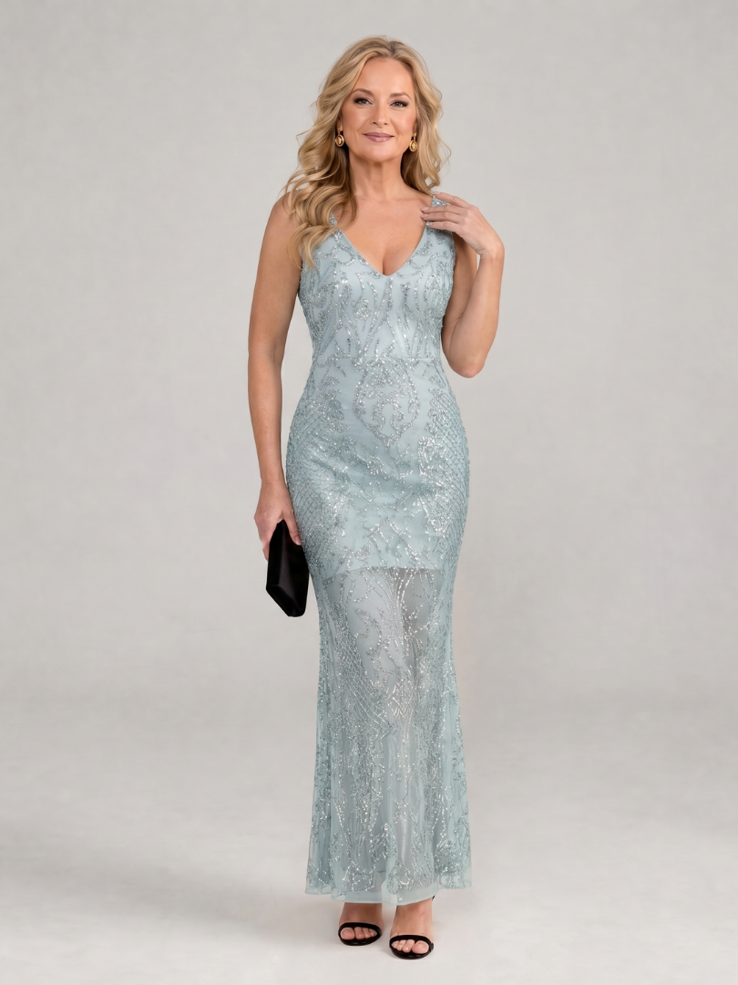 Sirea | Sleeveless Midi Dress with Sequin and Sheer Panel Details