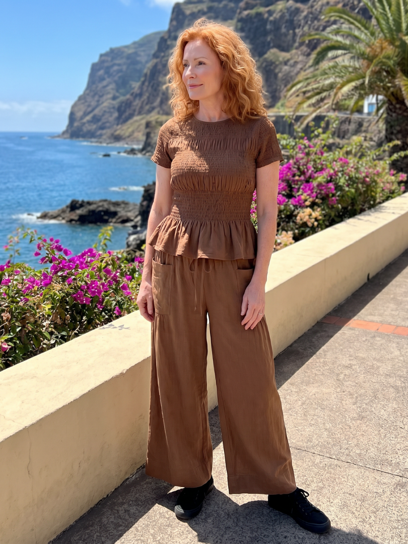 Eirenne | Smocked Top with Peplum Detail and Wide-Leg Pants Set