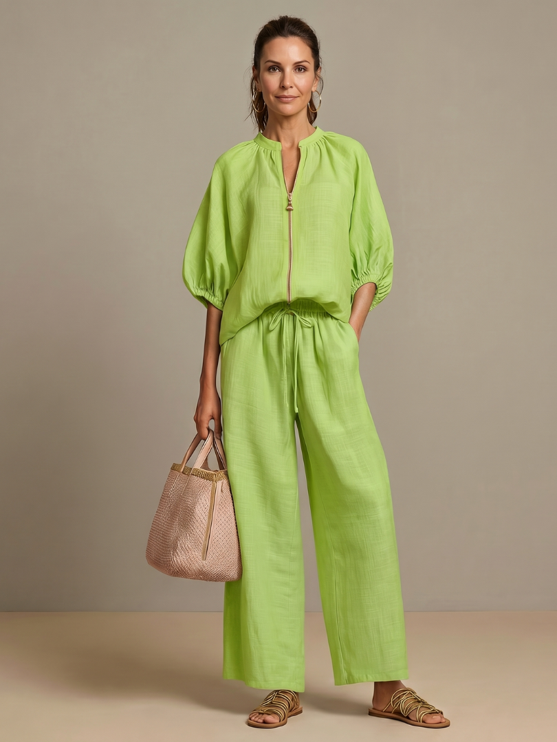 Natalia | Zip-Front Blouson Top & Wide-Leg Pants Set