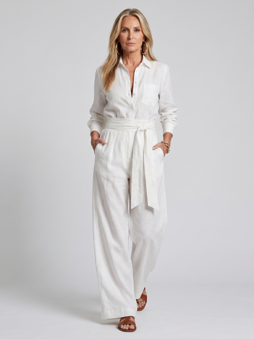 Jovie | Wide Leg Jumpsuit with Long Sleeve Button Front