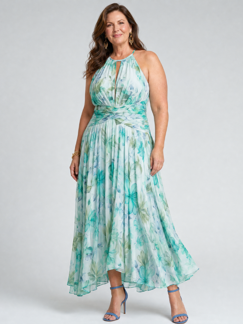 Portia | Floral Print Pleated Halter Midi Dress