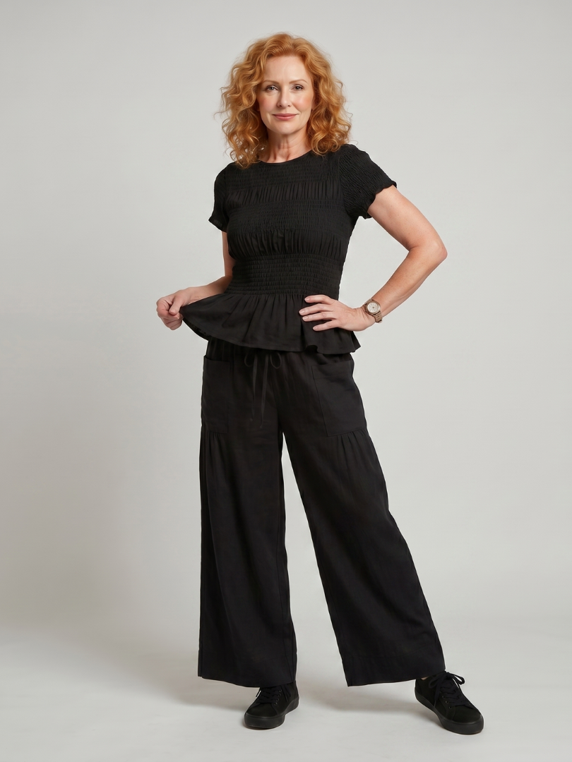 Eirenne | Smocked Top with Peplum Detail and Wide-Leg Pants Set
