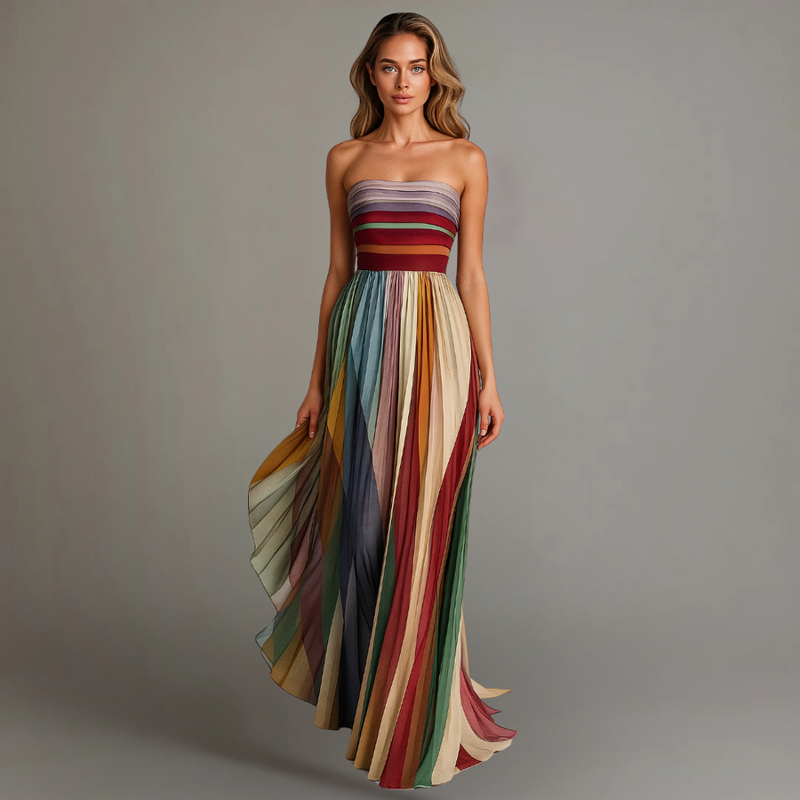 Judith | Women's Strapless Colorful Pleated Summer Maxi Dress Strapless