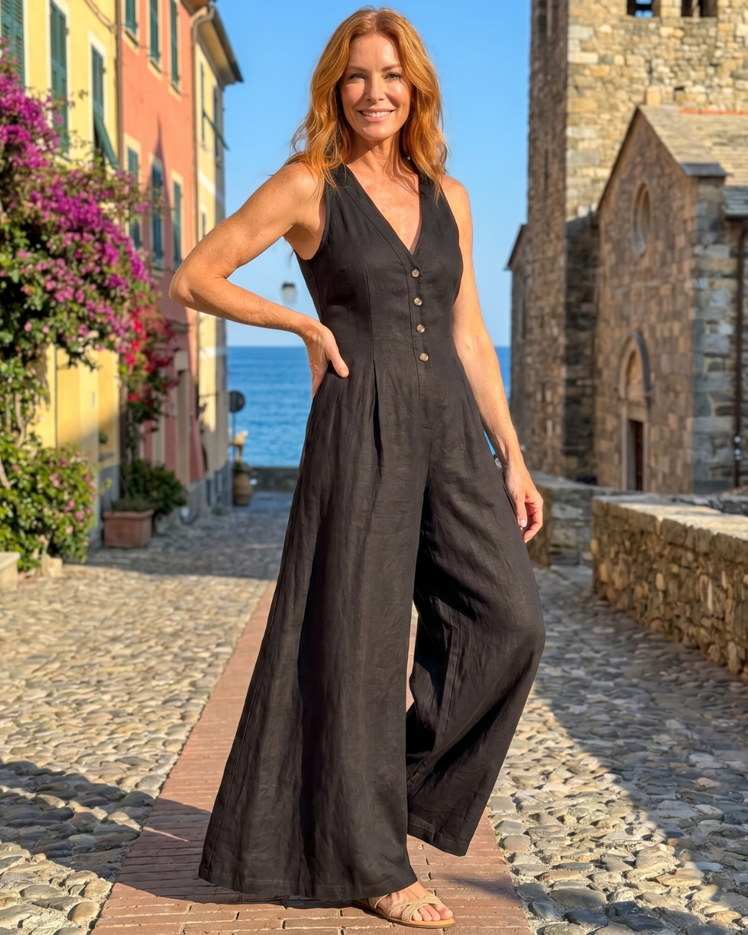 Lyssara | Sleeveless Wide-Leg Jumpsuit with Button Front