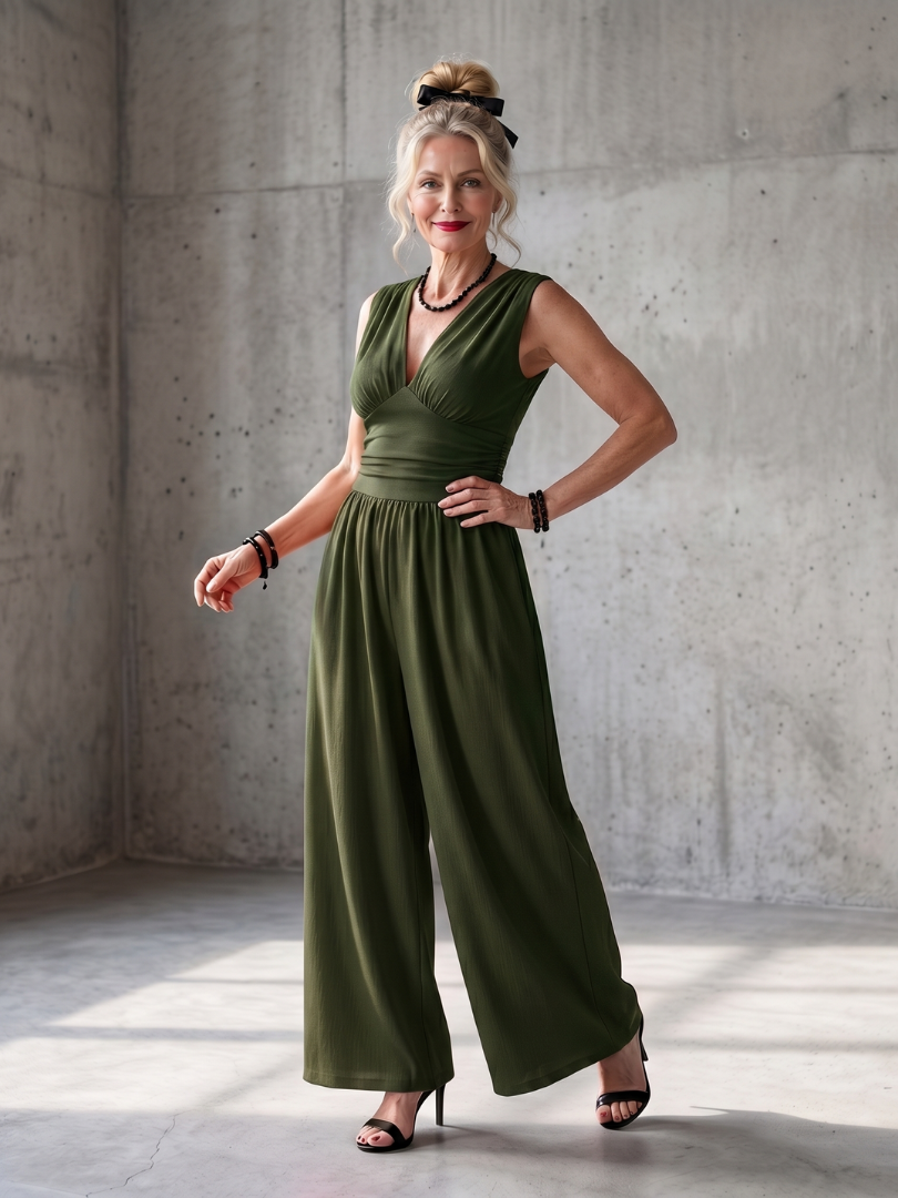 Vincenza | Wide Leg Jumpsuit with Deep V Waist Detail