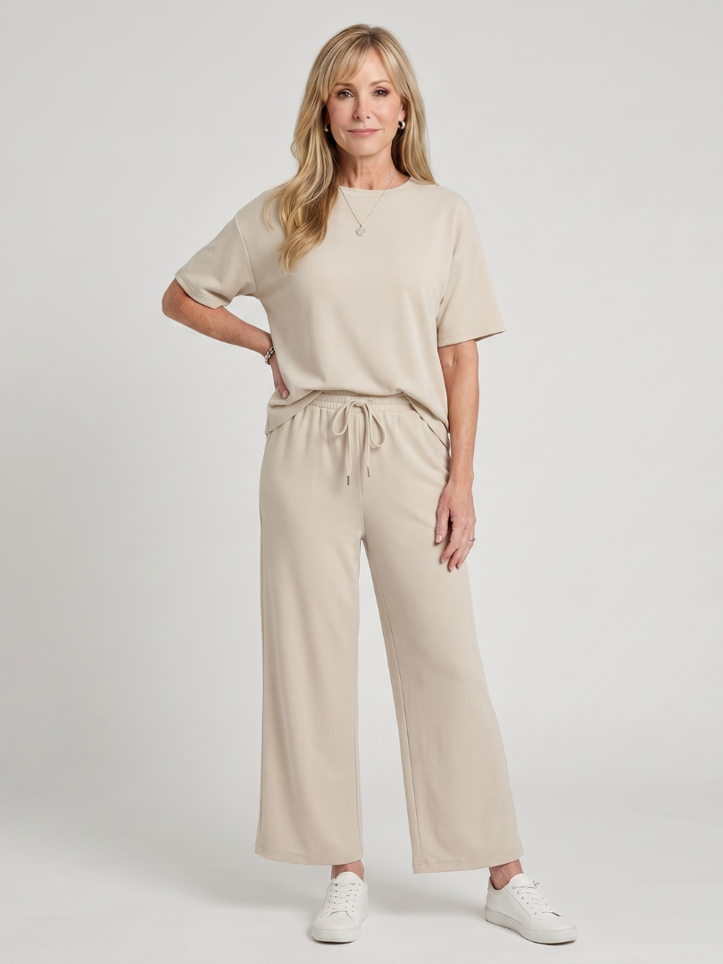Wihel | Short Sleeve Drawstring Waist Straight Leg Pants Set