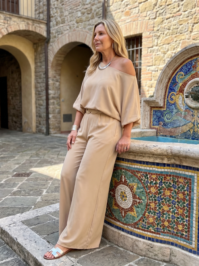 Siomara | One-Shoulder Wide Sleeve Top with Matching Wide Leg Pants Set