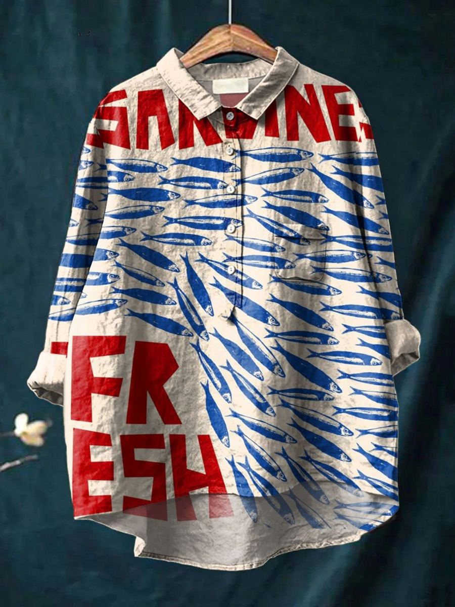 Amirah | Women's Casual Shirt with Vintage Fish Art Print