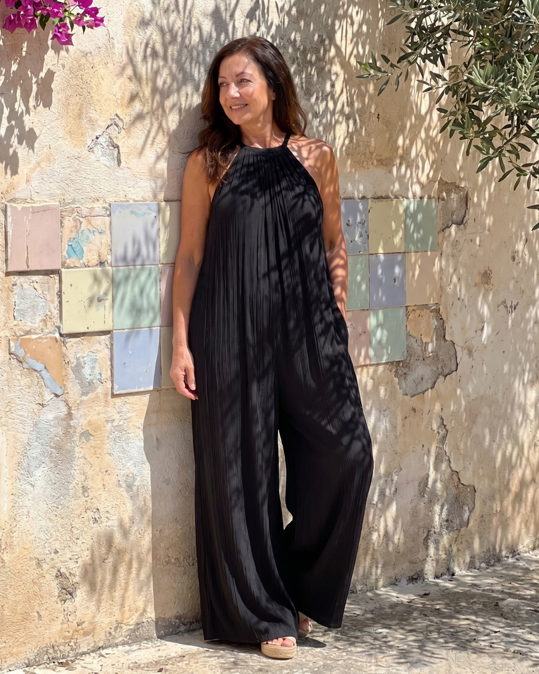 Sylvara | Relaxed Wide Leg Jumpsuit with Pleated Halter Neck