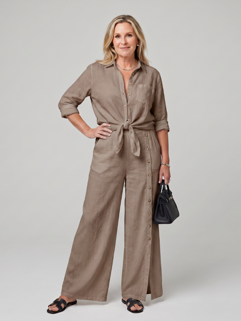 Maddelina | Long Sleeve Tie-Front Top with Wide-Leg Pants Set