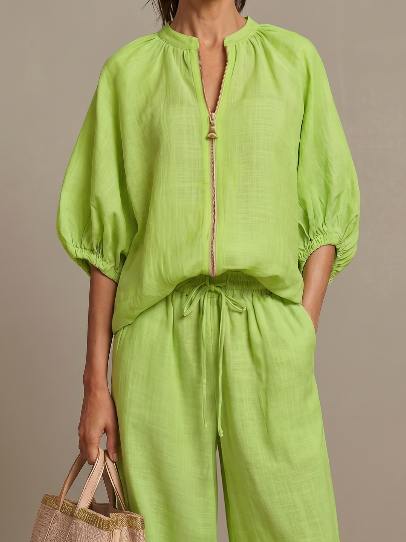 Natalia | Zip-Front Blouson Top & Wide-Leg Pants Set