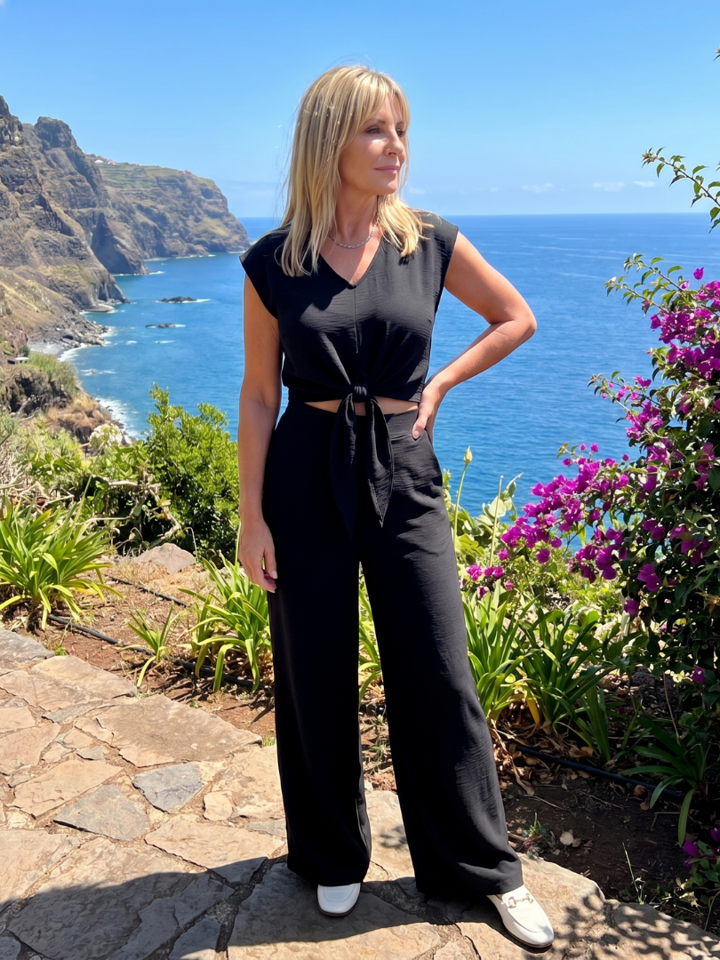 Leonora | Elegant V-Neck Strap Top with Wide-Leg Pants Set