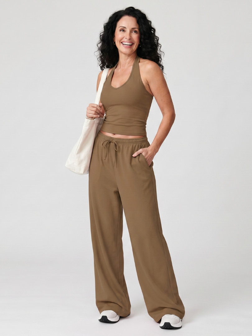 Helena | Sleeveless Scoop Neck Top with Wide Leg Pants Set