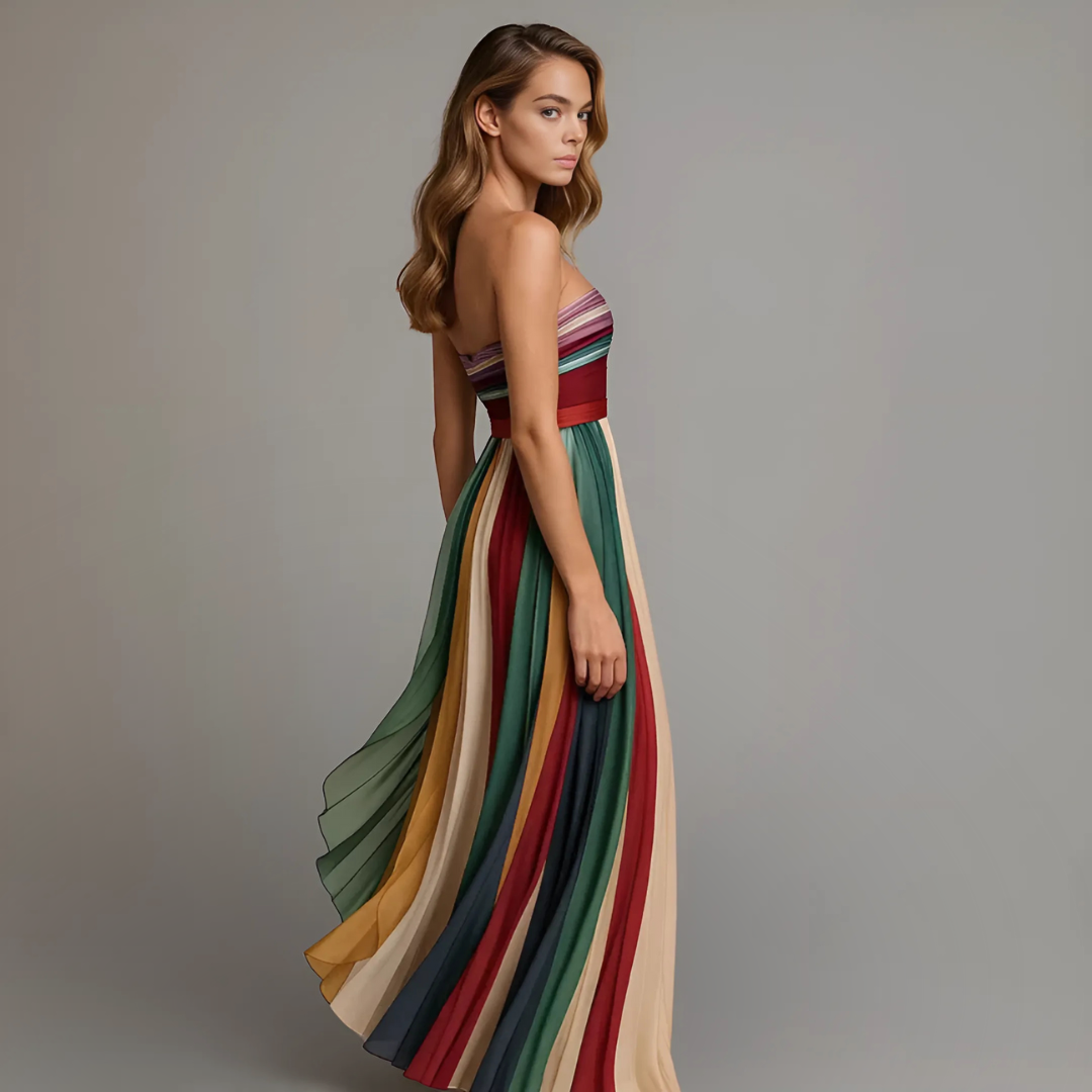 Judith | Women's Strapless Colorful Pleated Summer Maxi Dress Strapless