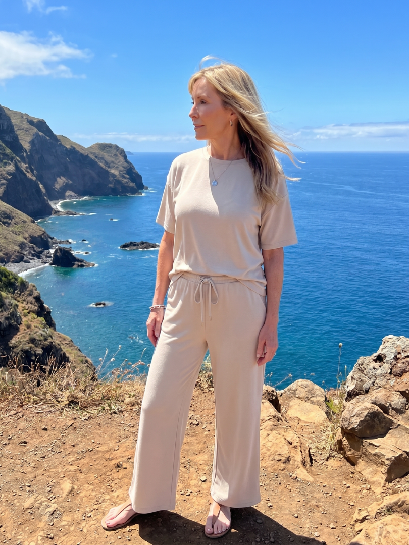 Wihel | Short Sleeve Drawstring Waist Straight Leg Pants Set