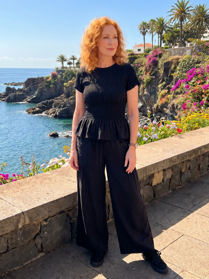 Eirenne | Smocked Top with Peplum Detail and Wide-Leg Pants Set