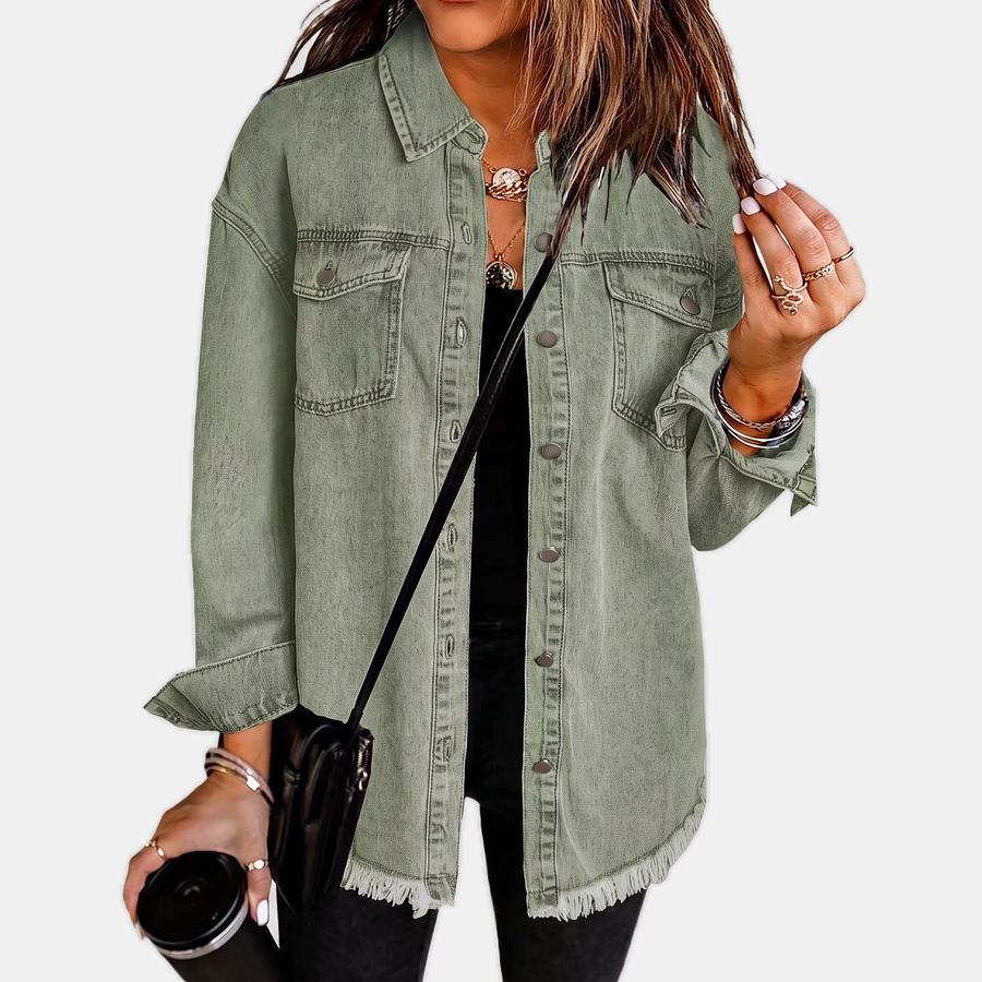 Rosa | Women's Raw Hem Snap Button Washed Denim Jacket