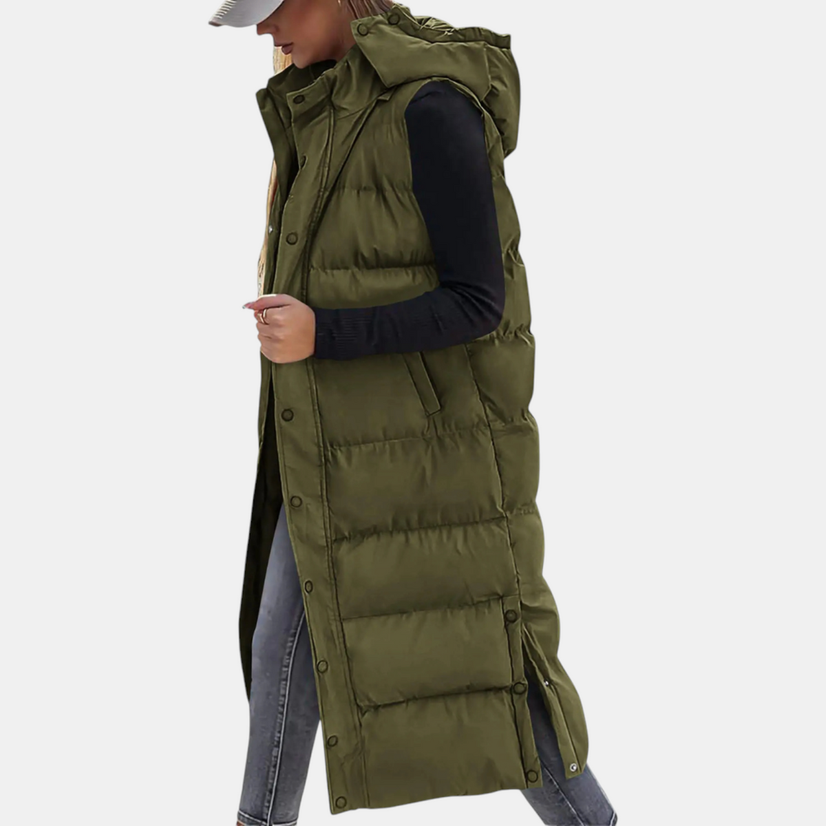 Ciara | Women's Puffer Vest Quilted Hooded Maxi Length Button Down