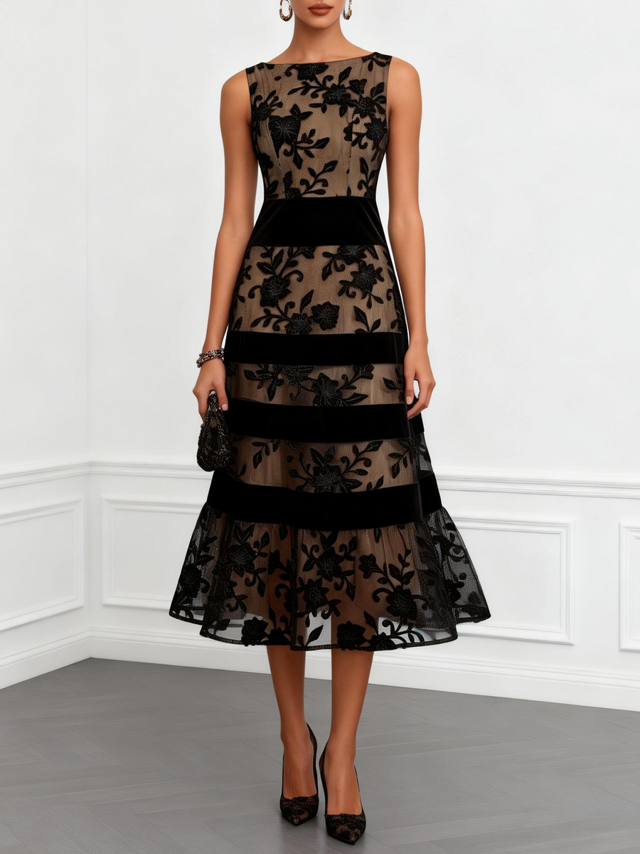 Susan | Black Mesh Floral Sleeveless A-Line Midi Dress