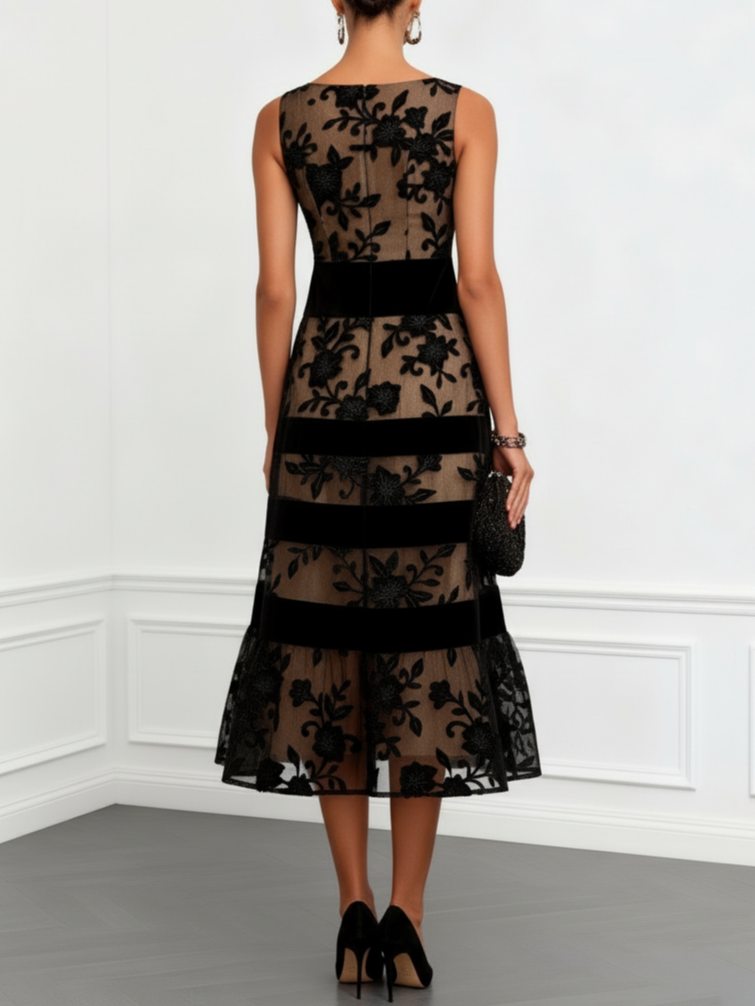 Susan | Black Mesh Floral Sleeveless A-Line Midi Dress
