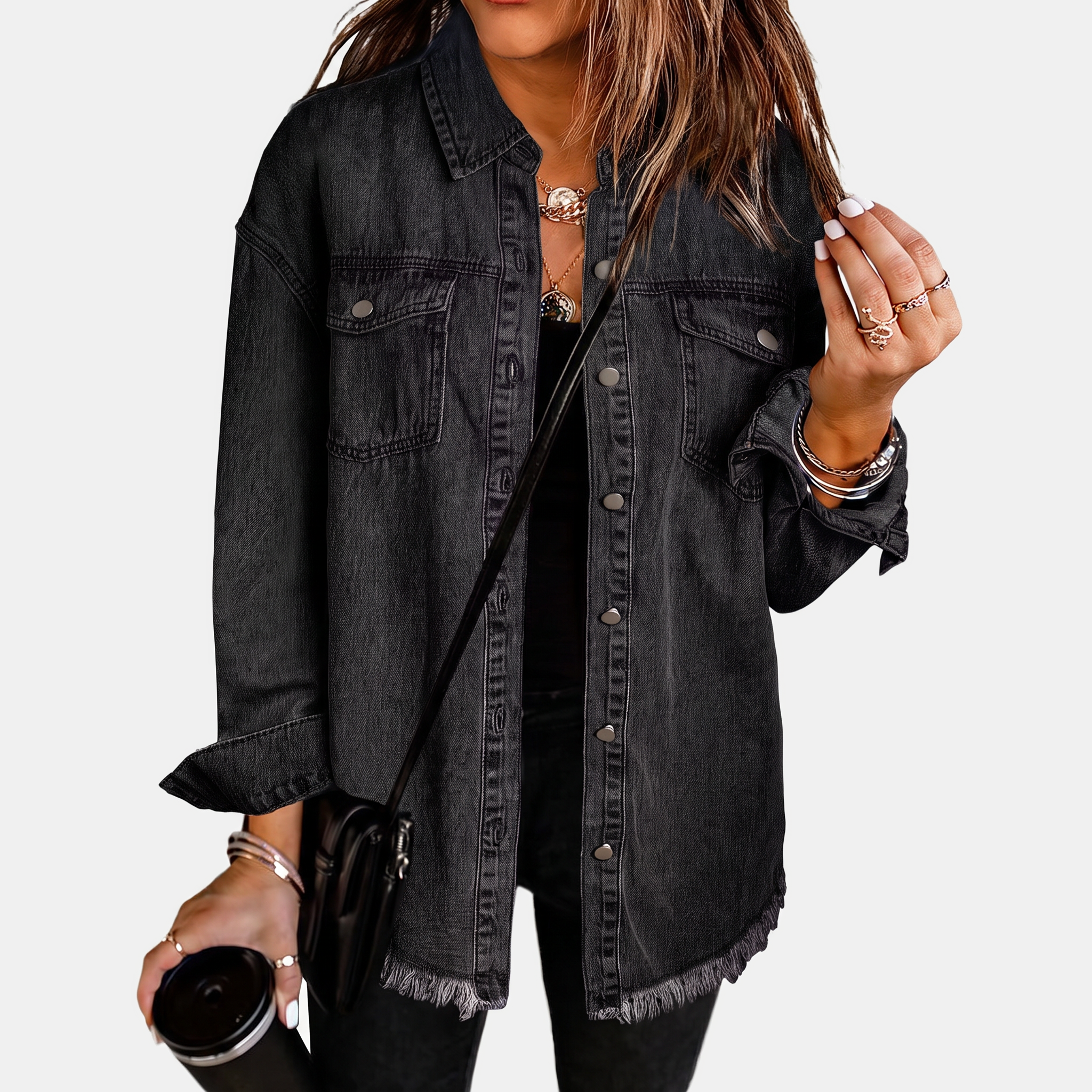 Rosa | Women's Raw Hem Snap Button Washed Denim Jacket