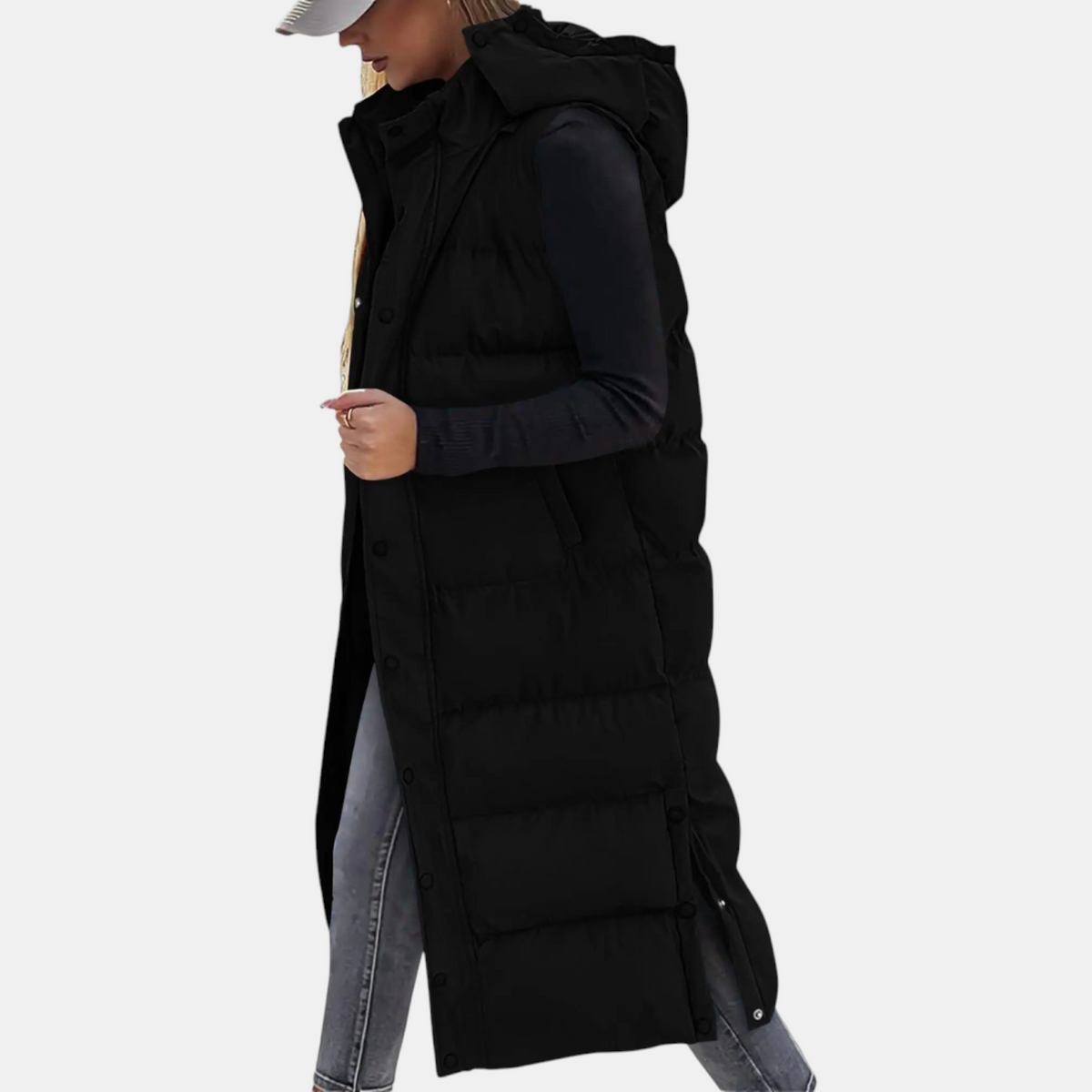 Ciara | Women's Puffer Vest Quilted Hooded Maxi Length Button Down