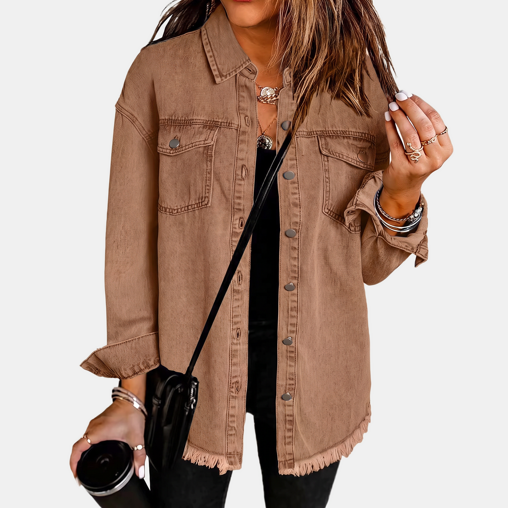 Rosa | Women's Raw Hem Snap Button Washed Denim Jacket