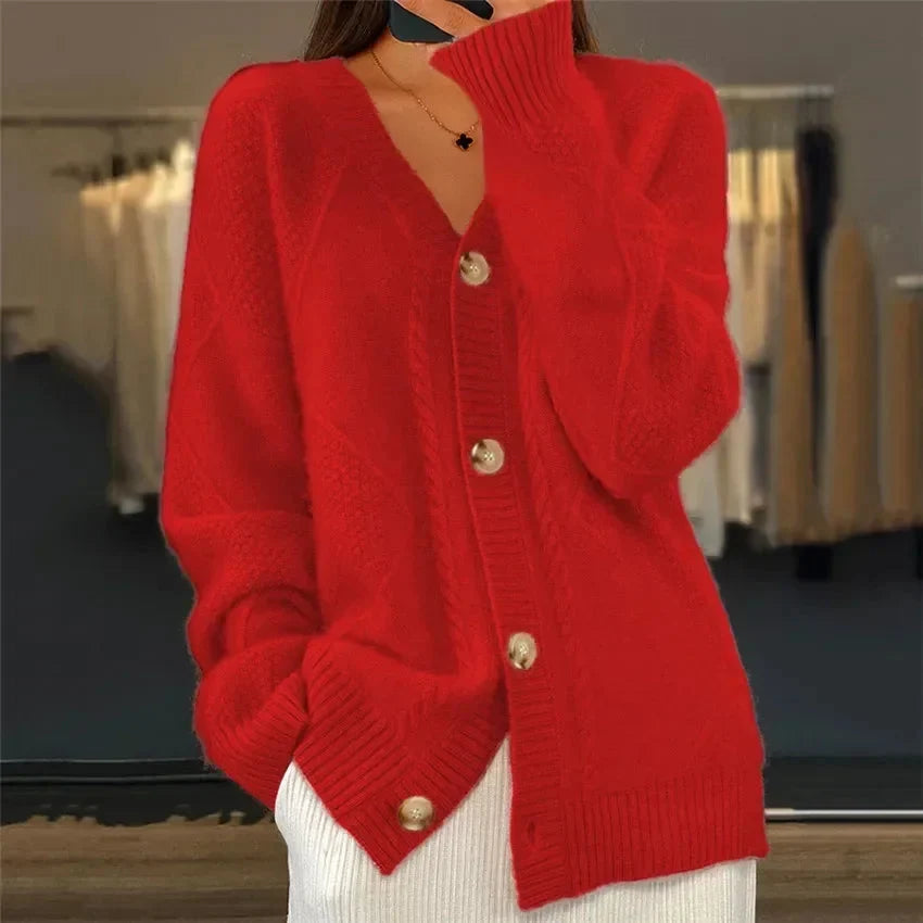 Aaliyah | V-Neck Button-Up Cardigan with Diamond Knit Design, Perfect Everyday Layer