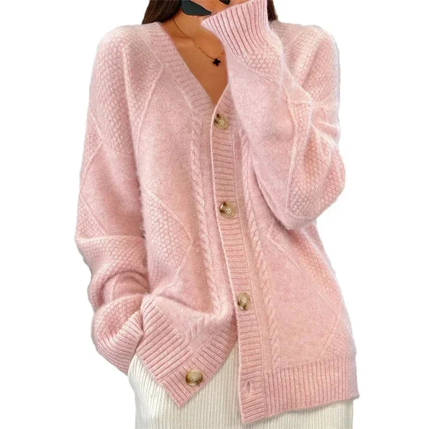 Aaliyah | V-Neck Button-Up Cardigan with Diamond Knit Design, Perfect Everyday Layer