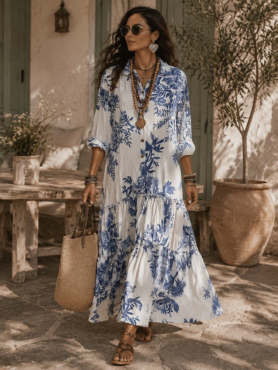 Mia | Bohemian Blue Floral Button-down Maxi Dress