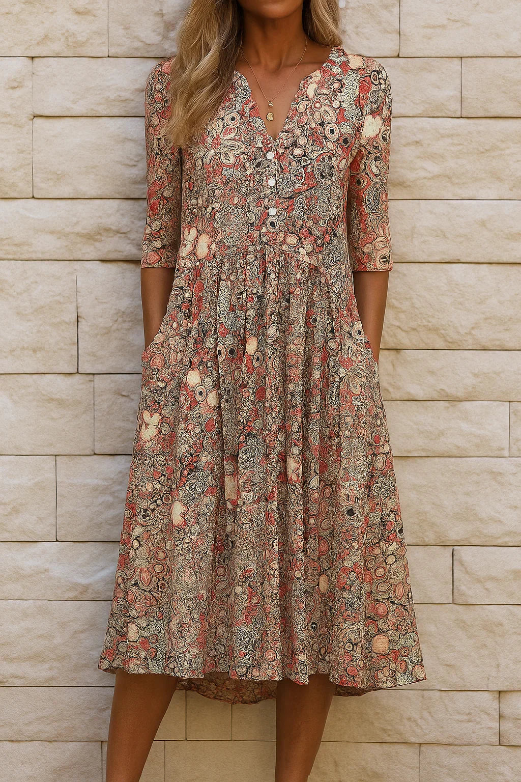 Harlow | Elegant V-Neck Midi Dress with Graceful Design