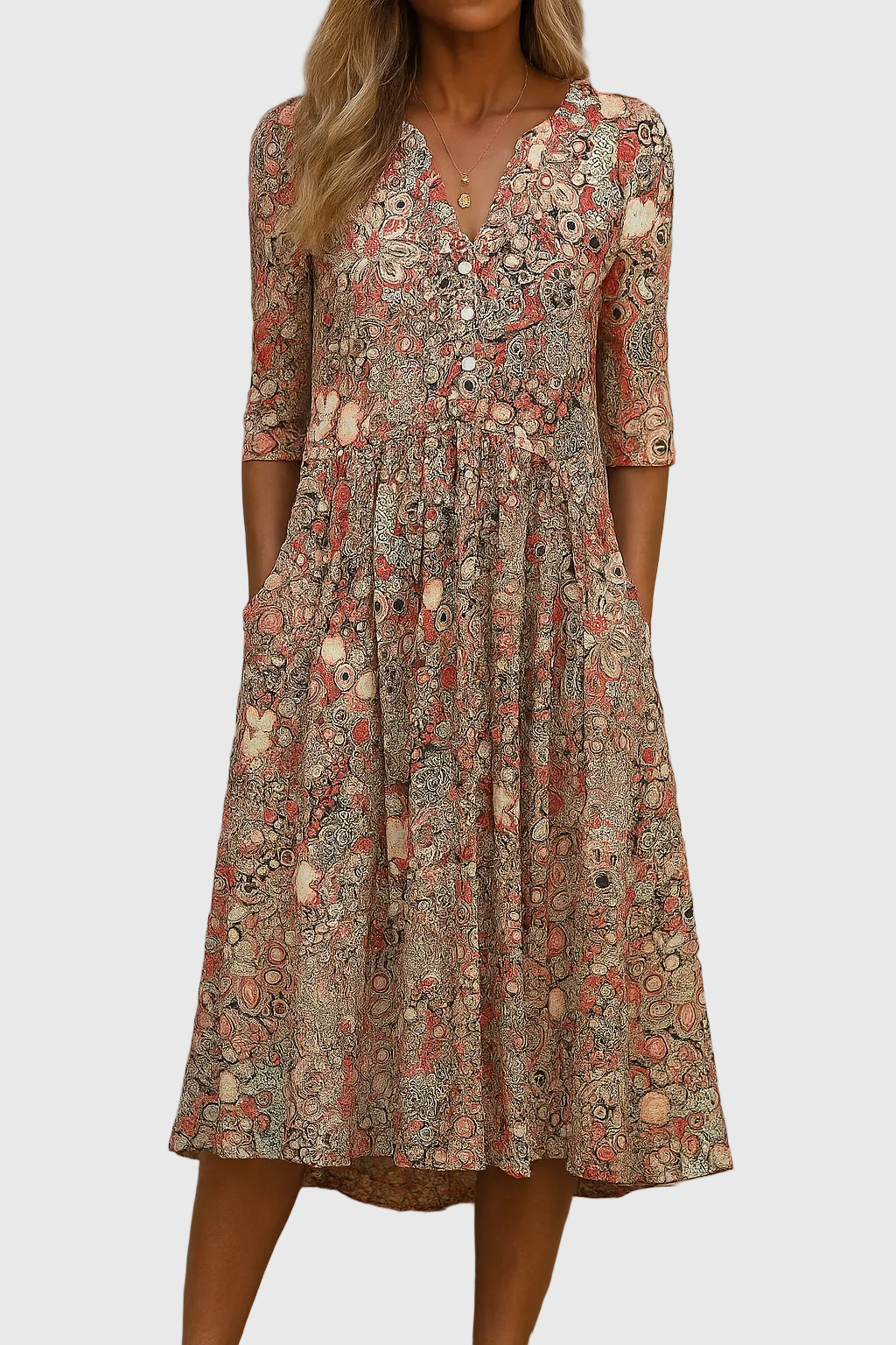 Harlow | Elegant V-Neck Midi Dress with Graceful Design