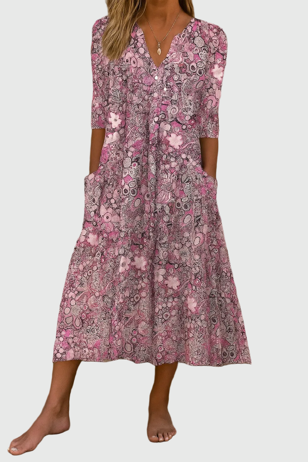 Harlow | Elegant V-Neck Midi Dress with Graceful Design
