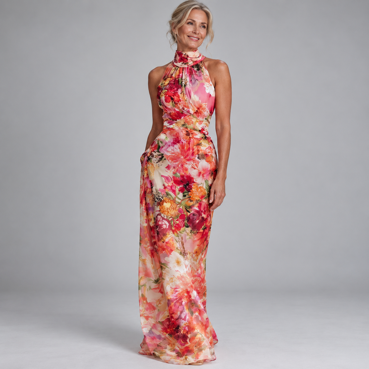 Mani | Red Chiffon Floral Halter-neck Sleeveless Maxi Dress