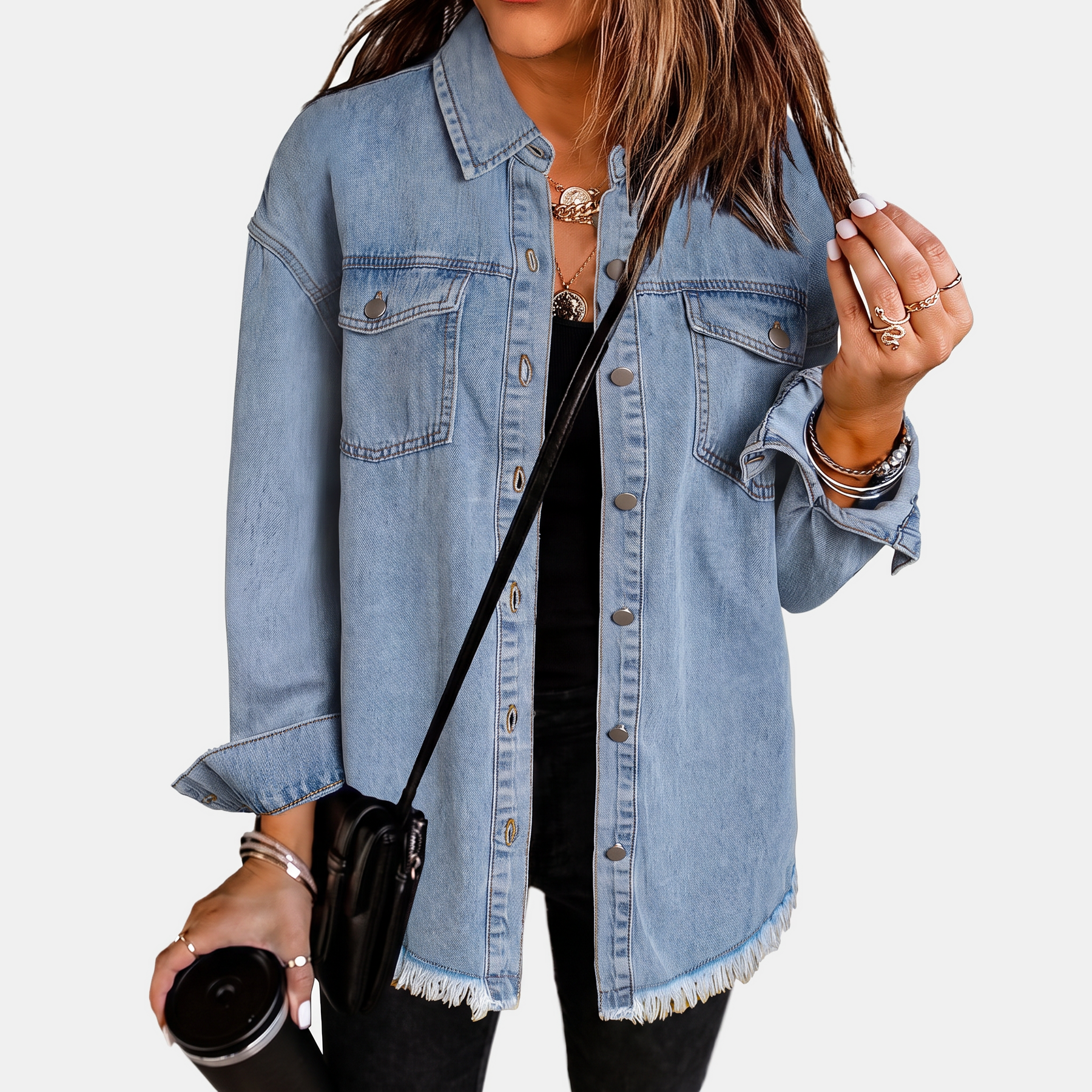 Rosa | Women's Raw Hem Snap Button Washed Denim Jacket
