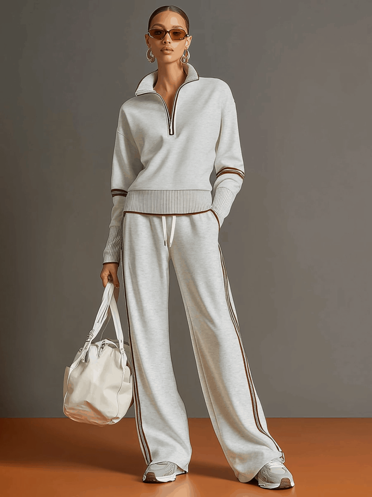 Eva | Retro Sporty Webbing Grey-white Half-zip Sweatshirt And Wide-leg Pants Set