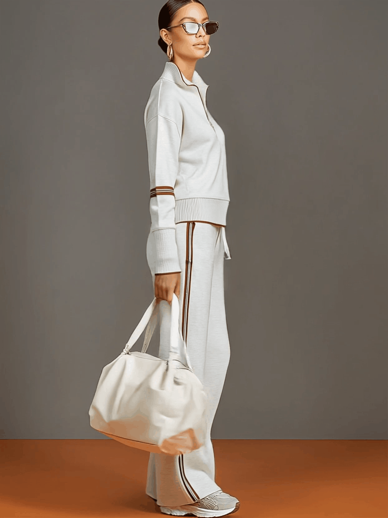 Eva | Retro Sporty Webbing Grey-white Half-zip Sweatshirt And Wide-leg Pants Set