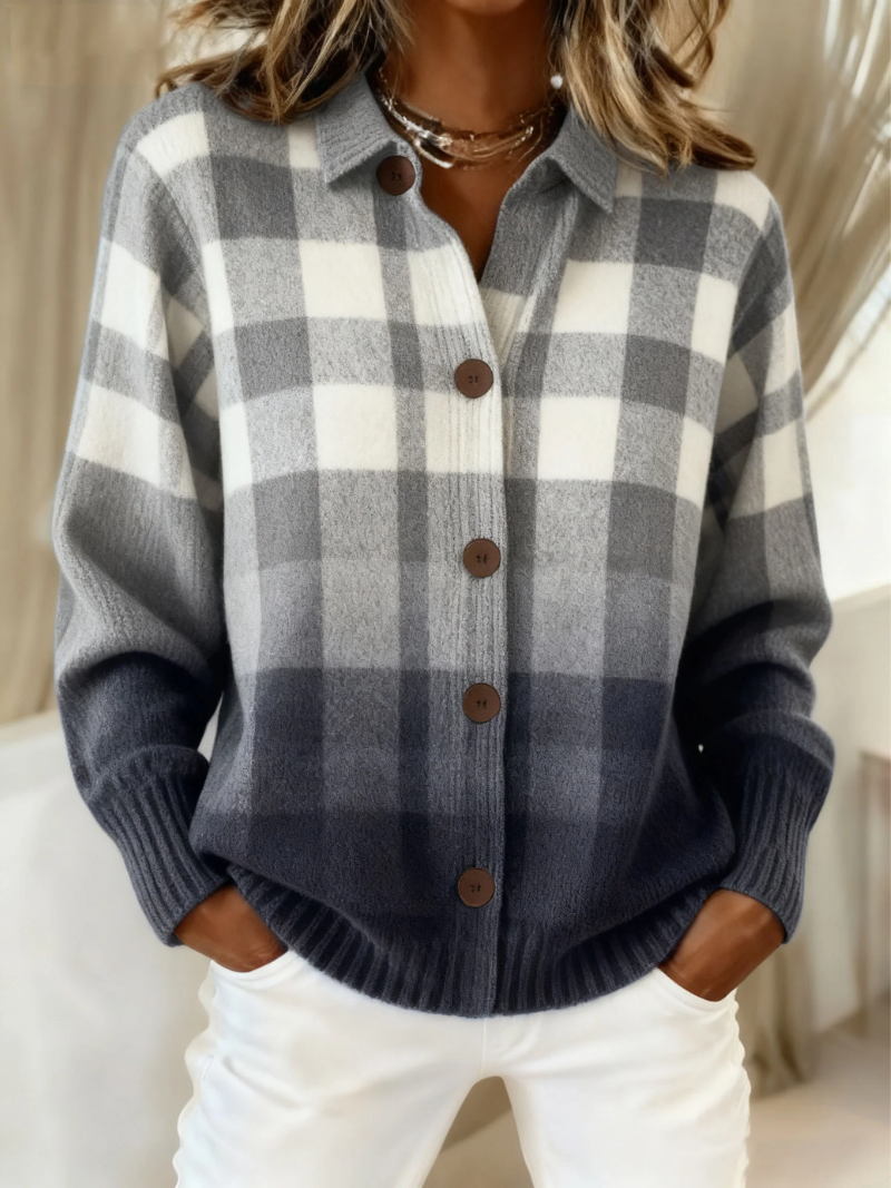 Agnes | Gray Ombre Plaid Button-Up Cardigan