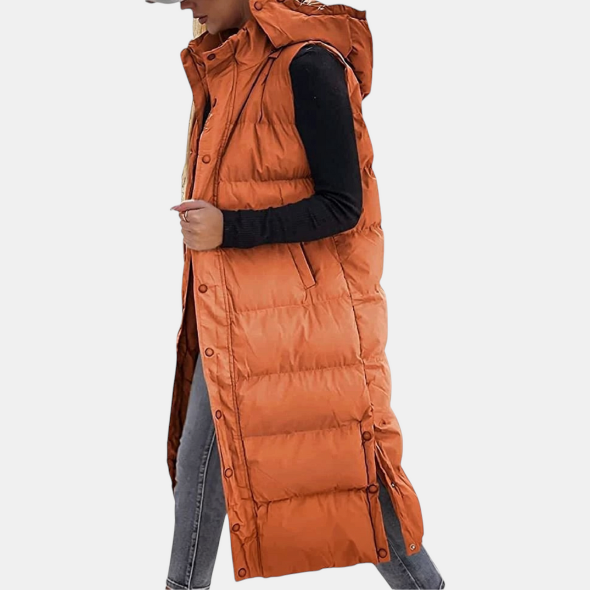 Ciara | Women's Puffer Vest Quilted Hooded Maxi Length Button Down