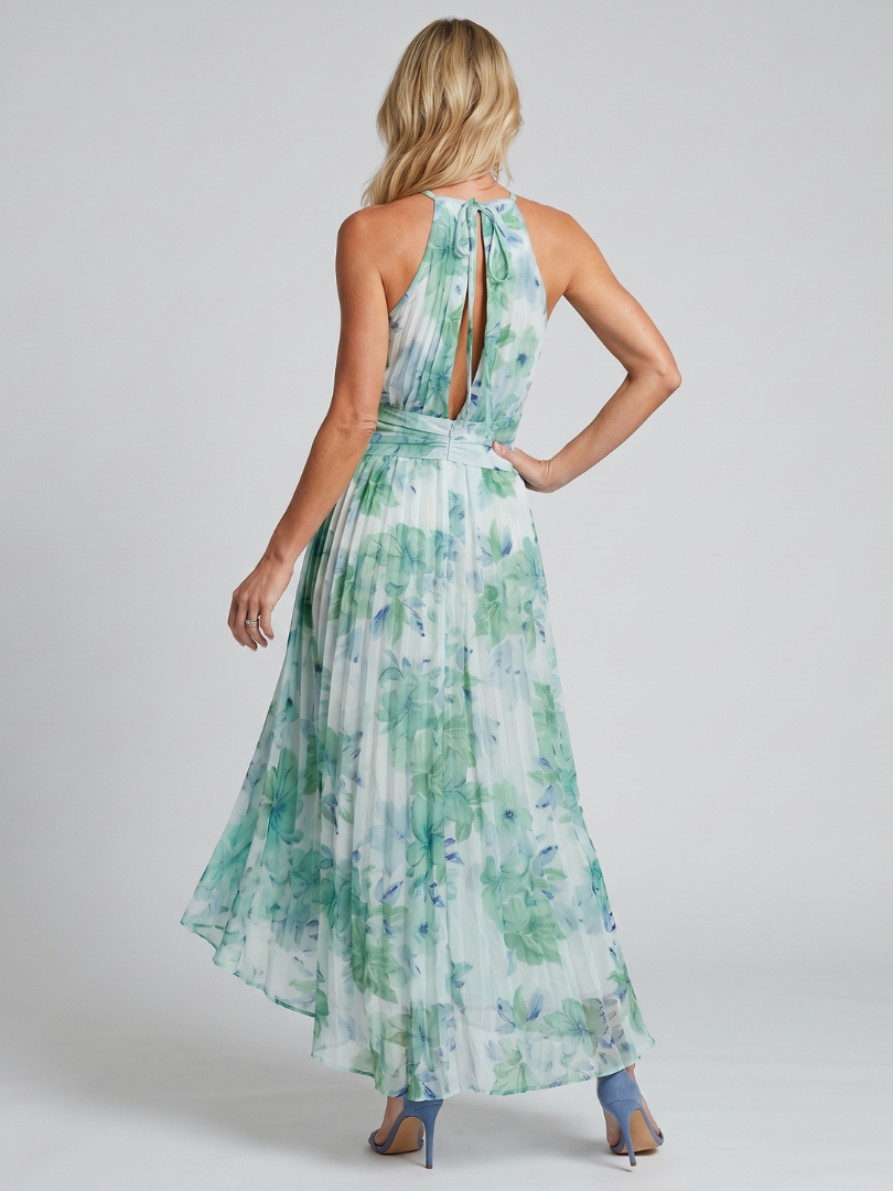 Portia | Floral Print Pleated Halter Midi Dress