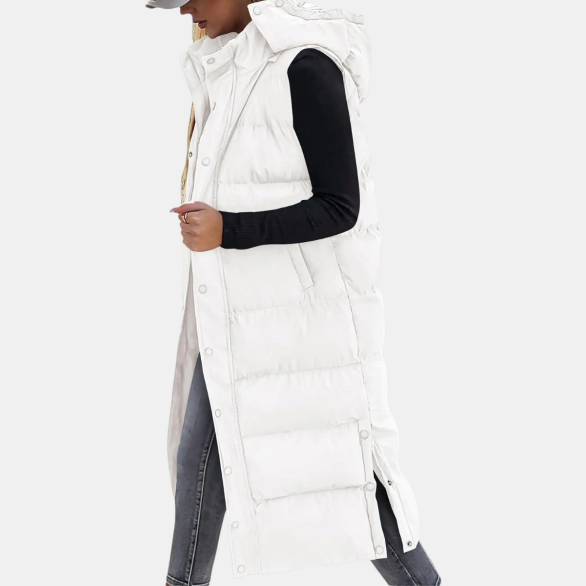 Ciara | Women's Puffer Vest Quilted Hooded Maxi Length Button Down