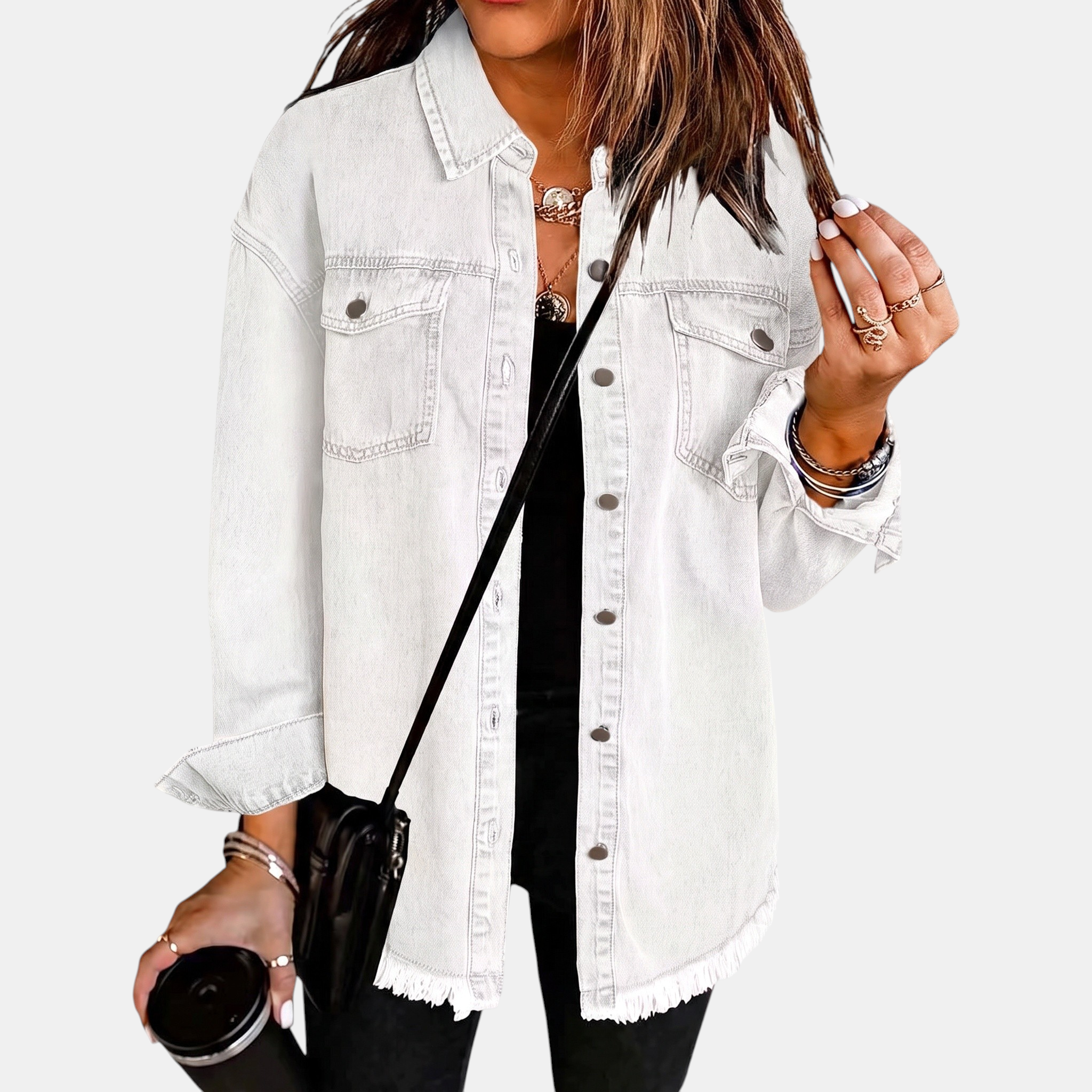 Rosa | Women's Raw Hem Snap Button Washed Denim Jacket