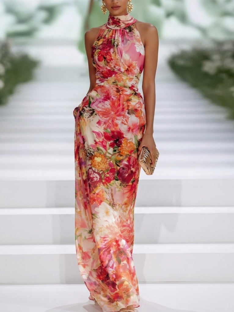 Mani | Red Chiffon Floral Halter-neck Sleeveless Maxi Dress