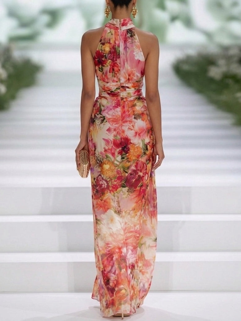 Mani | Red Chiffon Floral Halter-neck Sleeveless Maxi Dress