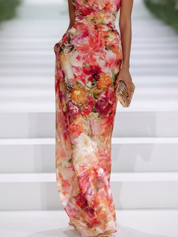 Mani | Red Chiffon Floral Halter-neck Sleeveless Maxi Dress