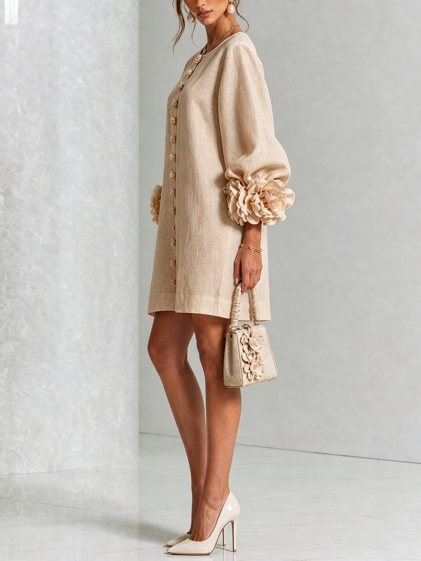 Claire | White Floral Button-down Mini Dress With Striking Floral Cuffs