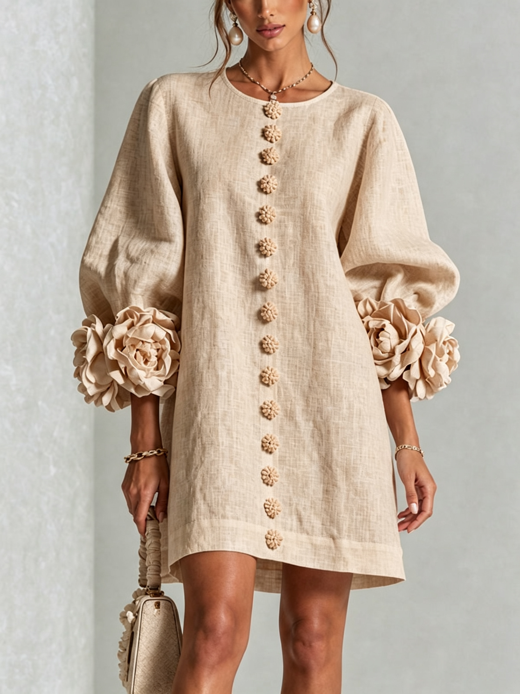 Claire | White Floral Button-down Mini Dress With Striking Floral Cuffs