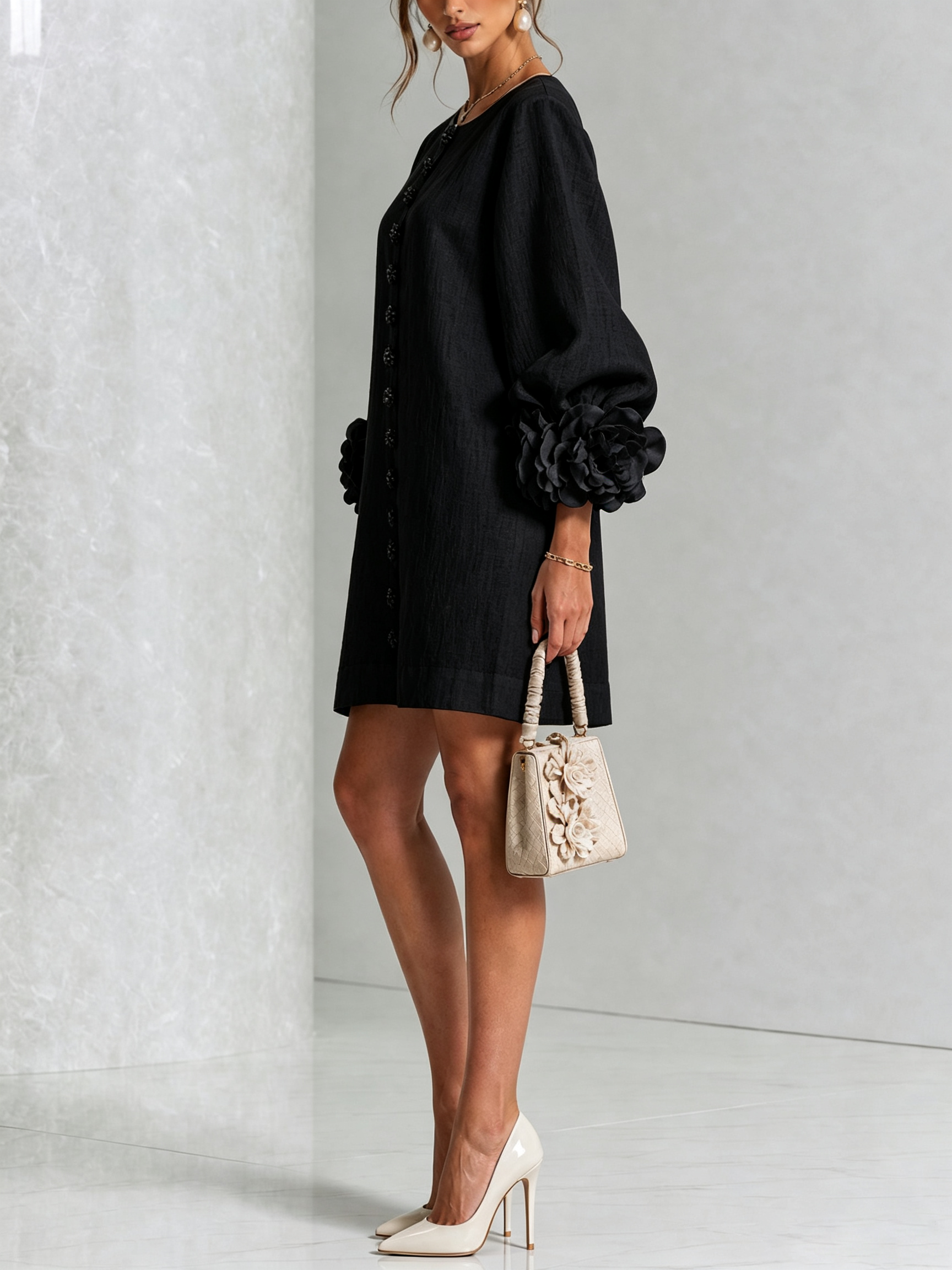 Claire | White Floral Button-down Mini Dress With Striking Floral Cuffs